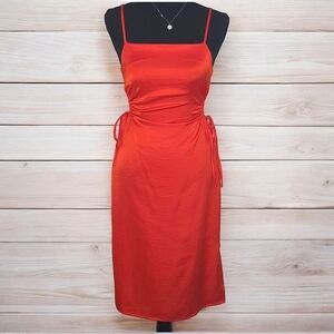 Christian Lacroix Red Satin Midi Dress Spaghetti Strap Square Neck Ruched Side